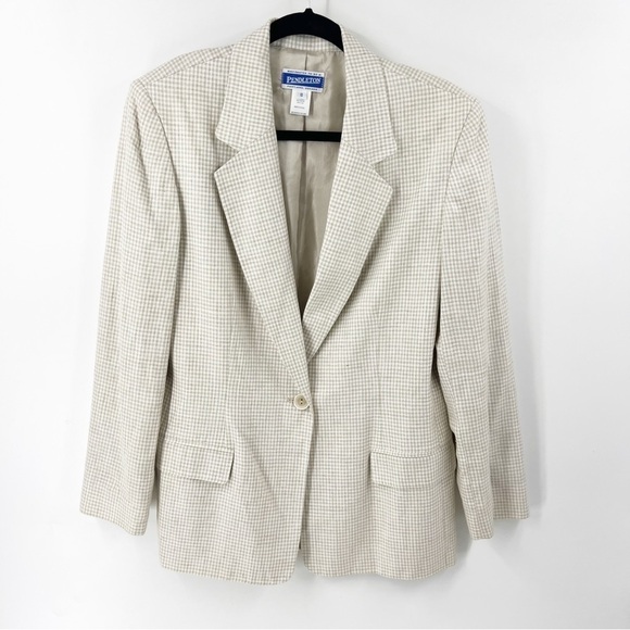✅ Pendleton VINTAGE FLAX Blazer Suit Jacket GINGHAM Tan White Striped SIZE 10 - Picture 1 of 6